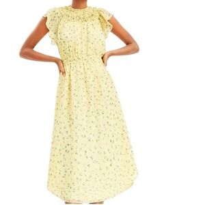 LOFT‎ NEW Women's M Yellow Floral Smocked Flutter Sleeve Midi Cottagecore Dress
